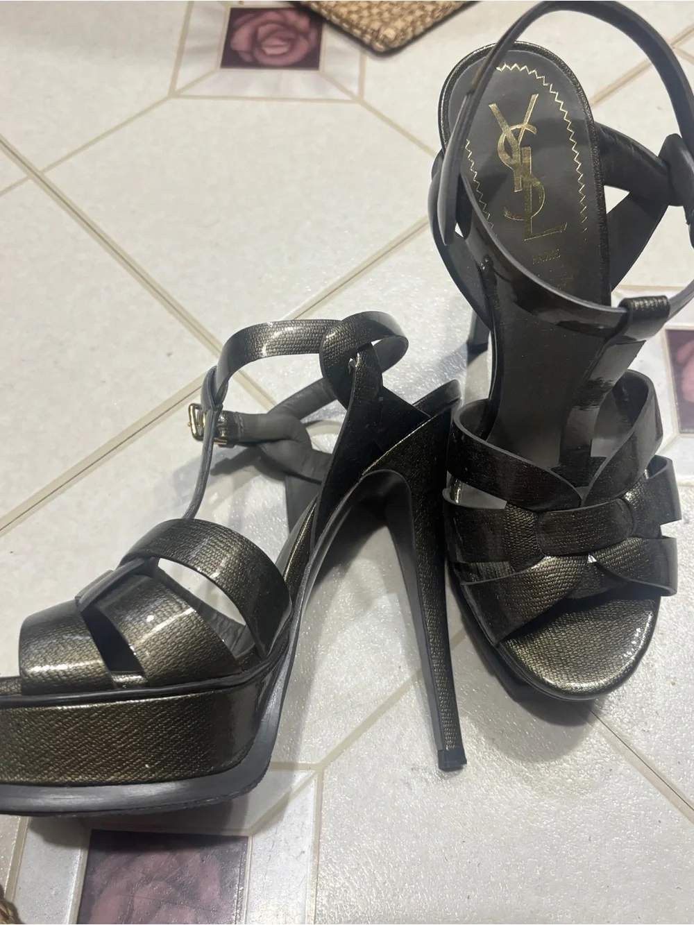 Yves Saint Laurent Metallic Black Strappy Knot Heels